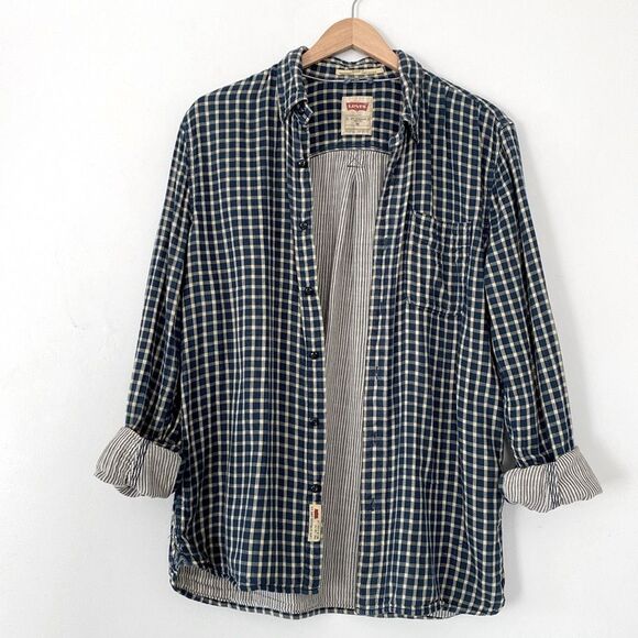 Vintage Levi's Blue Cream Gaze Button Down Shirt Regular Fit Medium Casual - Picture 2 of 14